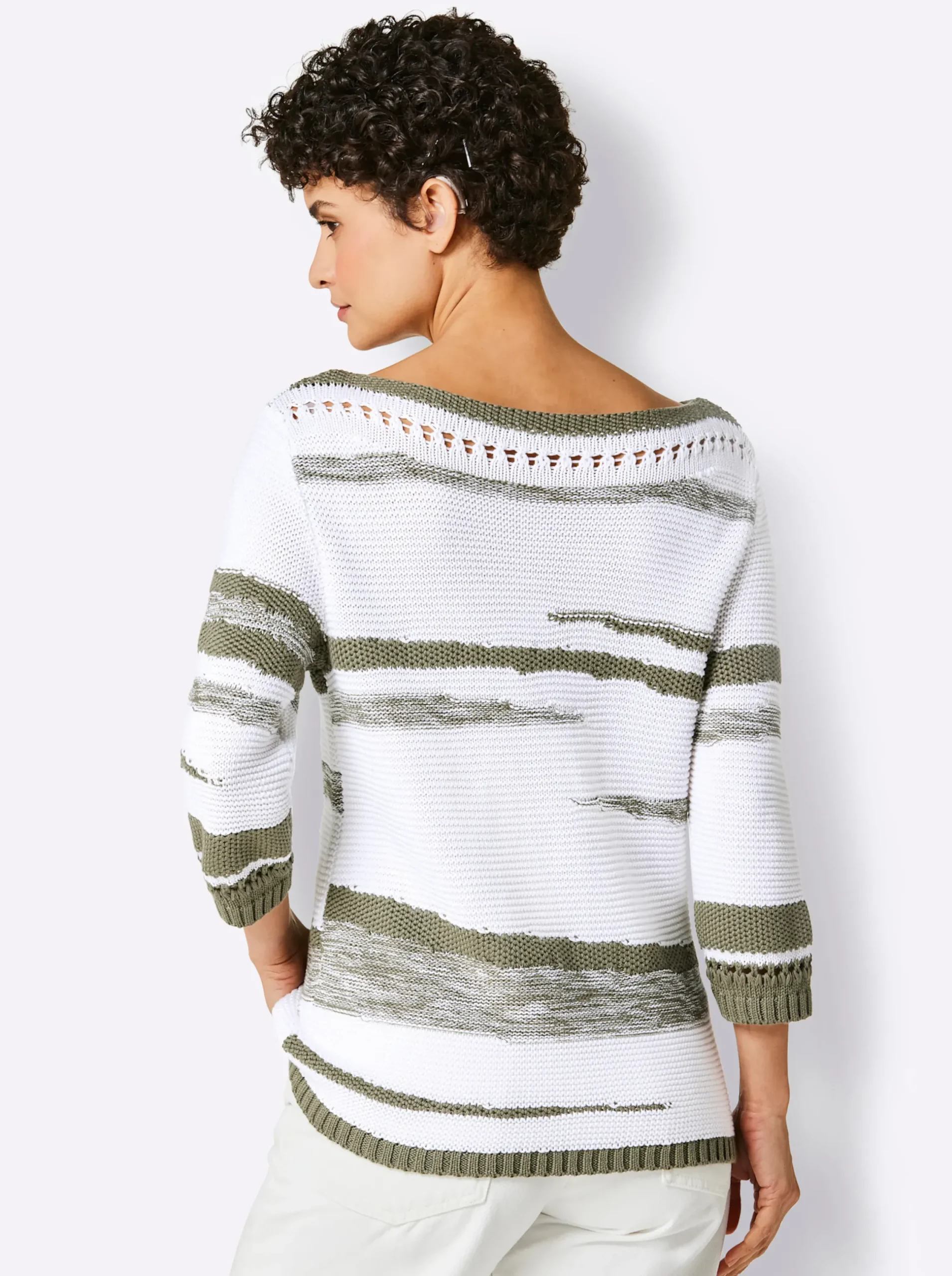 Pullover| 3/4 Arm-Pullover weiß-khaki-gemustert