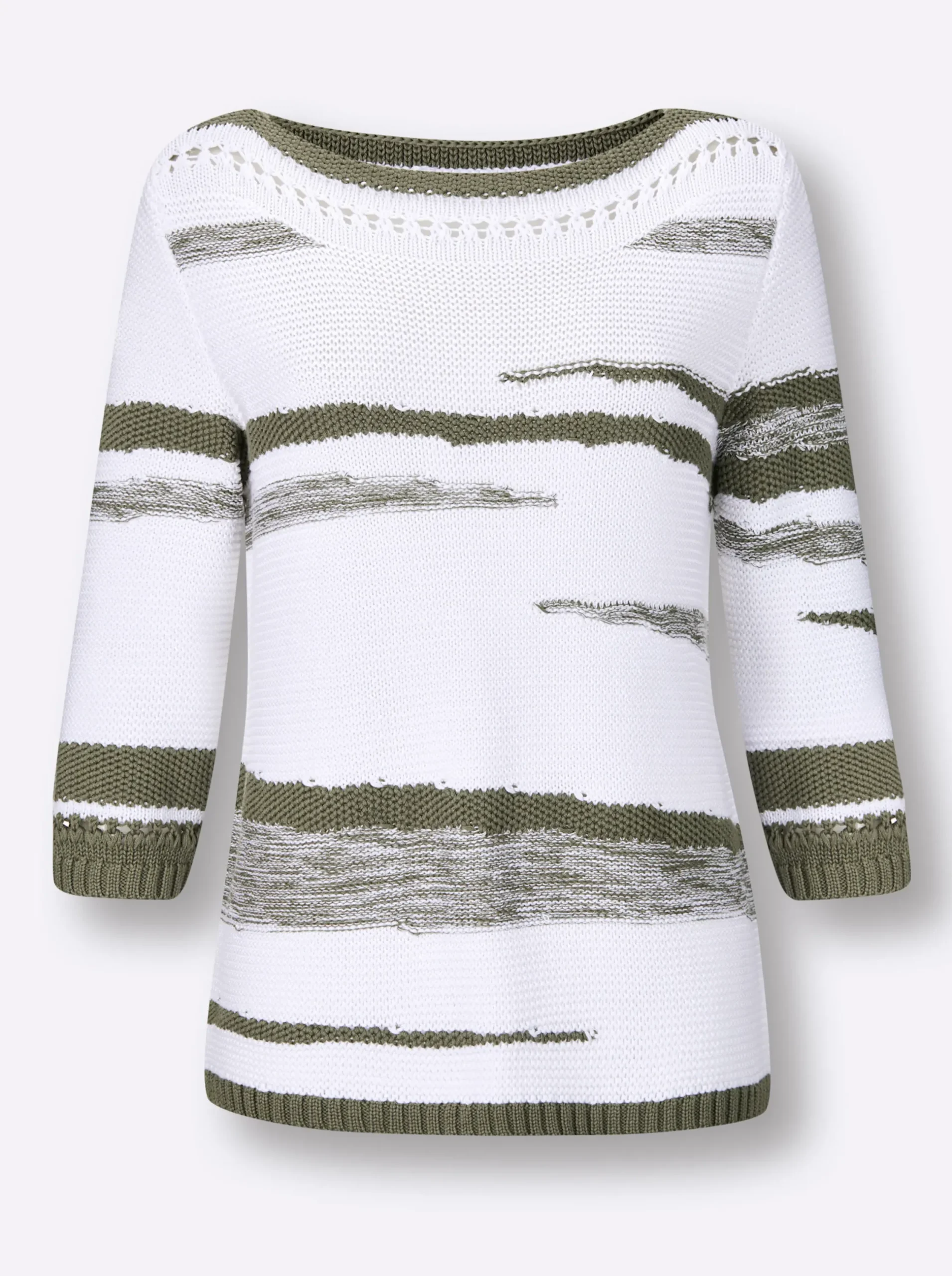 Pullover| 3/4 Arm-Pullover weiß-khaki-gemustert