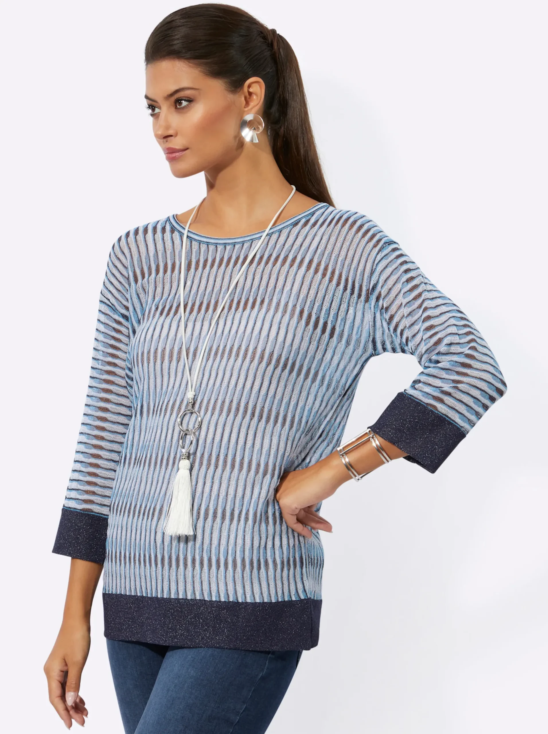 Pullover| 3/4 Arm-Pullover im Oversize-Stil hellblau-mittelblau-gemustert