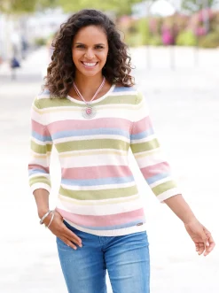 Pullover| 3/4 Arm-Pullover im Ringelmuster hortensie-ecru-geringelt