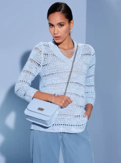 Pullover| 3/4 Arm-Pullover im Strickmuster-Mix hellblau-ecru-meliert