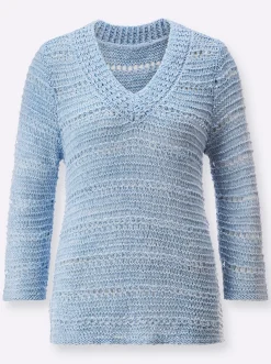 Pullover| 3/4 Arm-Pullover im Strickmuster-Mix hellblau-ecru-meliert