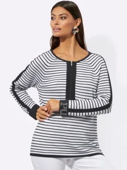 Pullover| 3/4 Arm-Pullover in 3D-Optik schwarz-weiß-geringelt