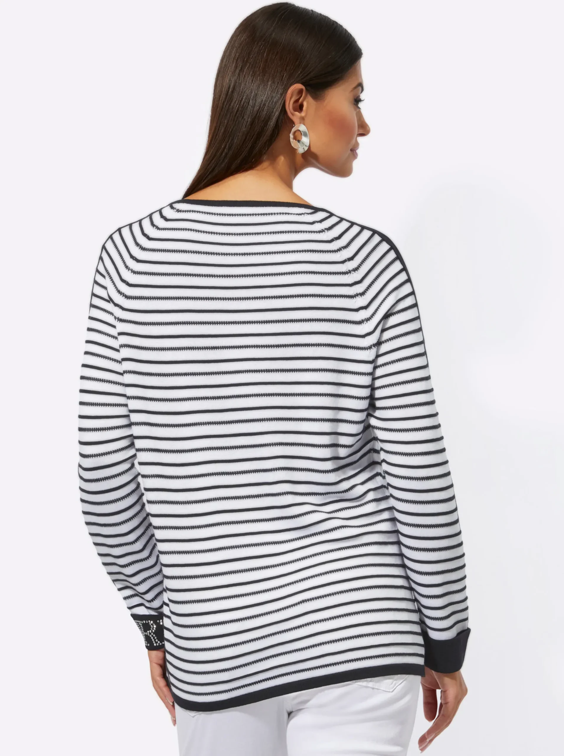 Pullover| 3/4 Arm-Pullover in 3D-Optik schwarz-weiß-geringelt