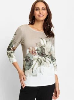 Pullover| 3/4 Arm-Pullover mit Glitzersteinchen ecru-schlamm-bedruckt