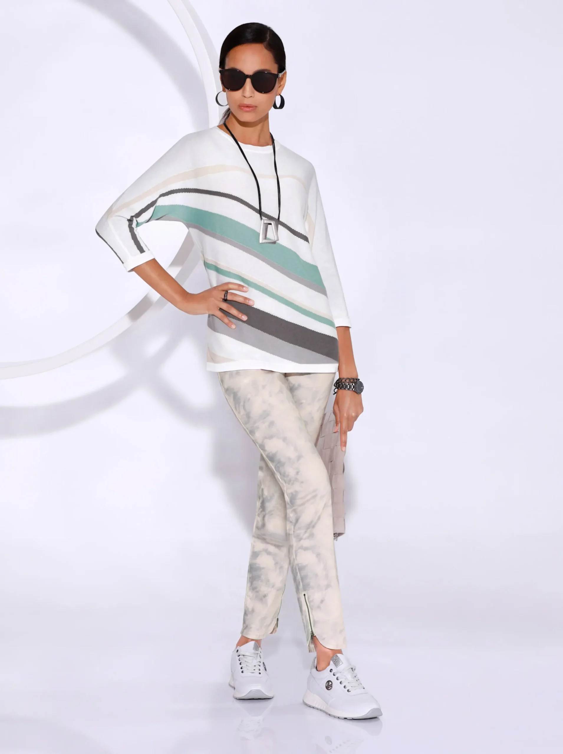 Pullover| 3/4 Arm-Pullover mit grafischem Intarsienmuster elfenbein-salbei-bedruckt