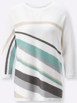 Pullover| 3/4 Arm-Pullover mit grafischem Intarsienmuster elfenbein-salbei-bedruckt