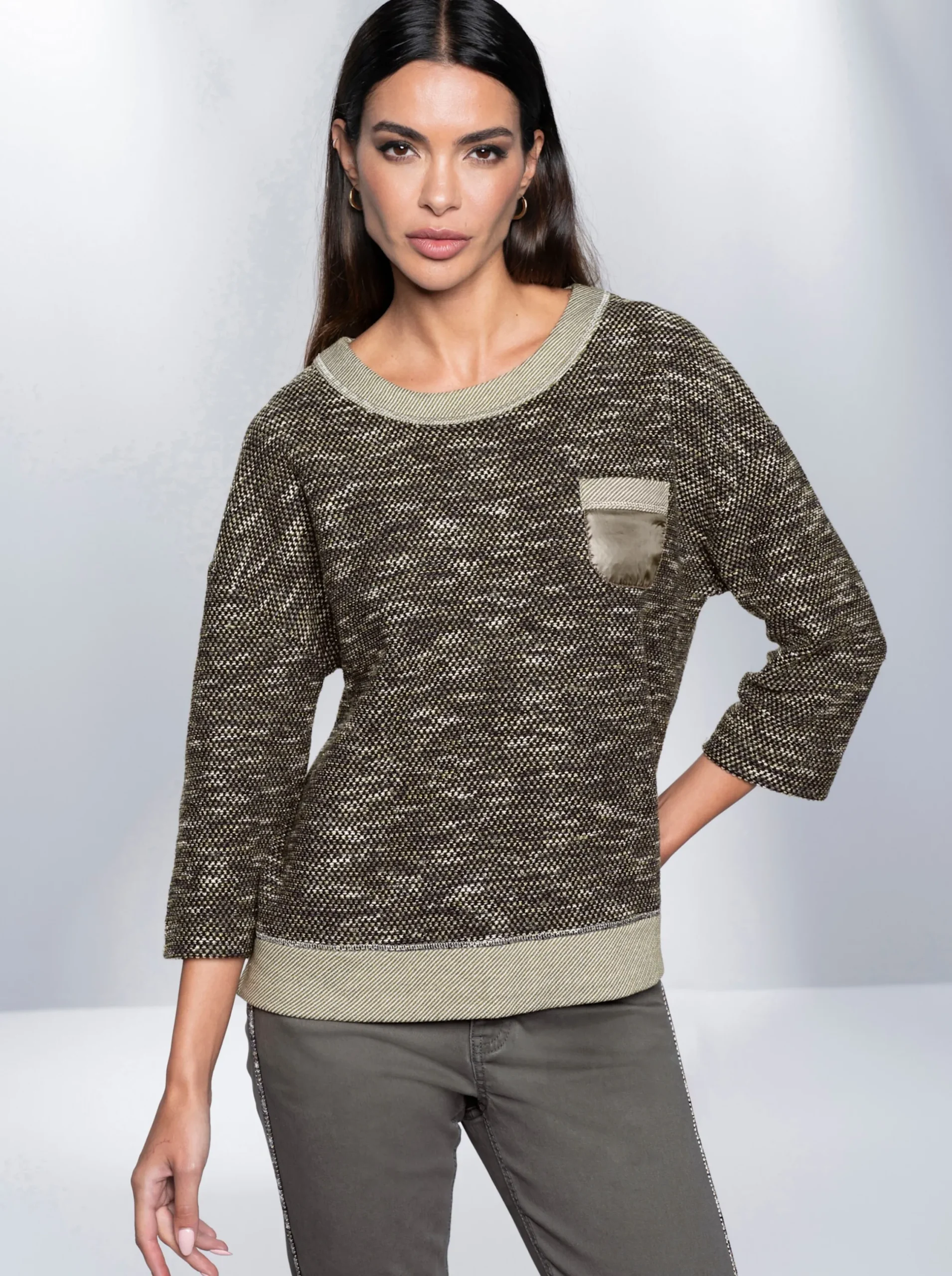 Pullover|heine 3/4 Arm-Pullover mit Kontrast-Blenden khaki-meliert