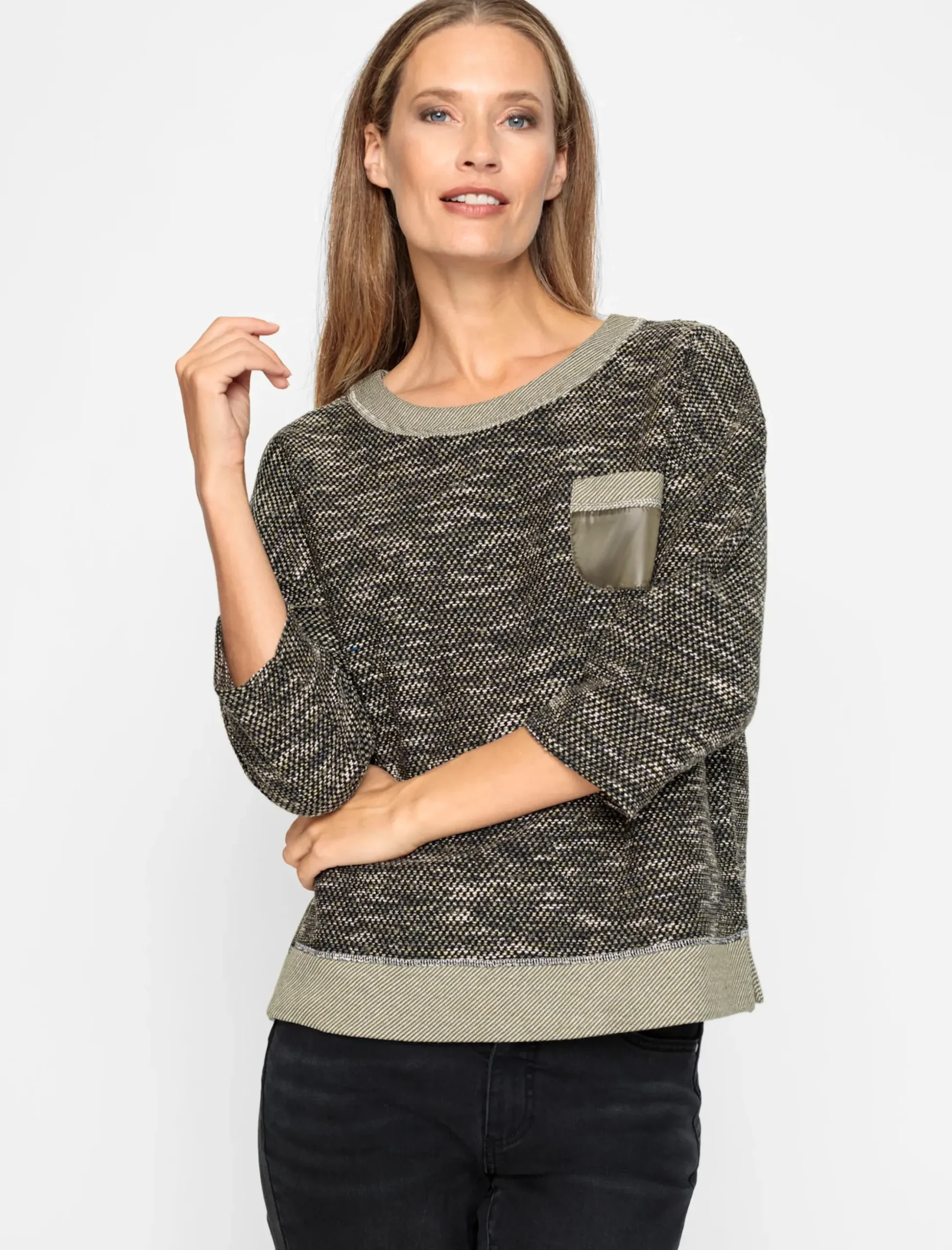 Pullover|heine 3/4 Arm-Pullover mit Kontrast-Blenden khaki-meliert