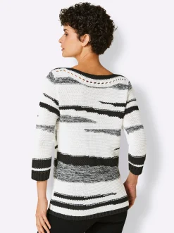 Pullover|CREATION L PREMIUM 3/4 Arm-Pullover mit platziertem Lochmuster weiß-schwarz-gemustert