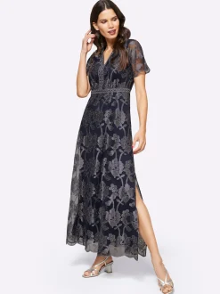 Abendkleider|Kleider|heine Abendkleid mit glänzender Blütenstickerei marine