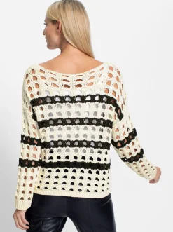 Pullover|heine Ajourpullover mit überschnittener Schulter champagner-schwarz-gestreift