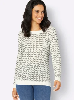 Pullover| Ajourpullover mit gerippten Bündchen ecru-khaki-bedruckt