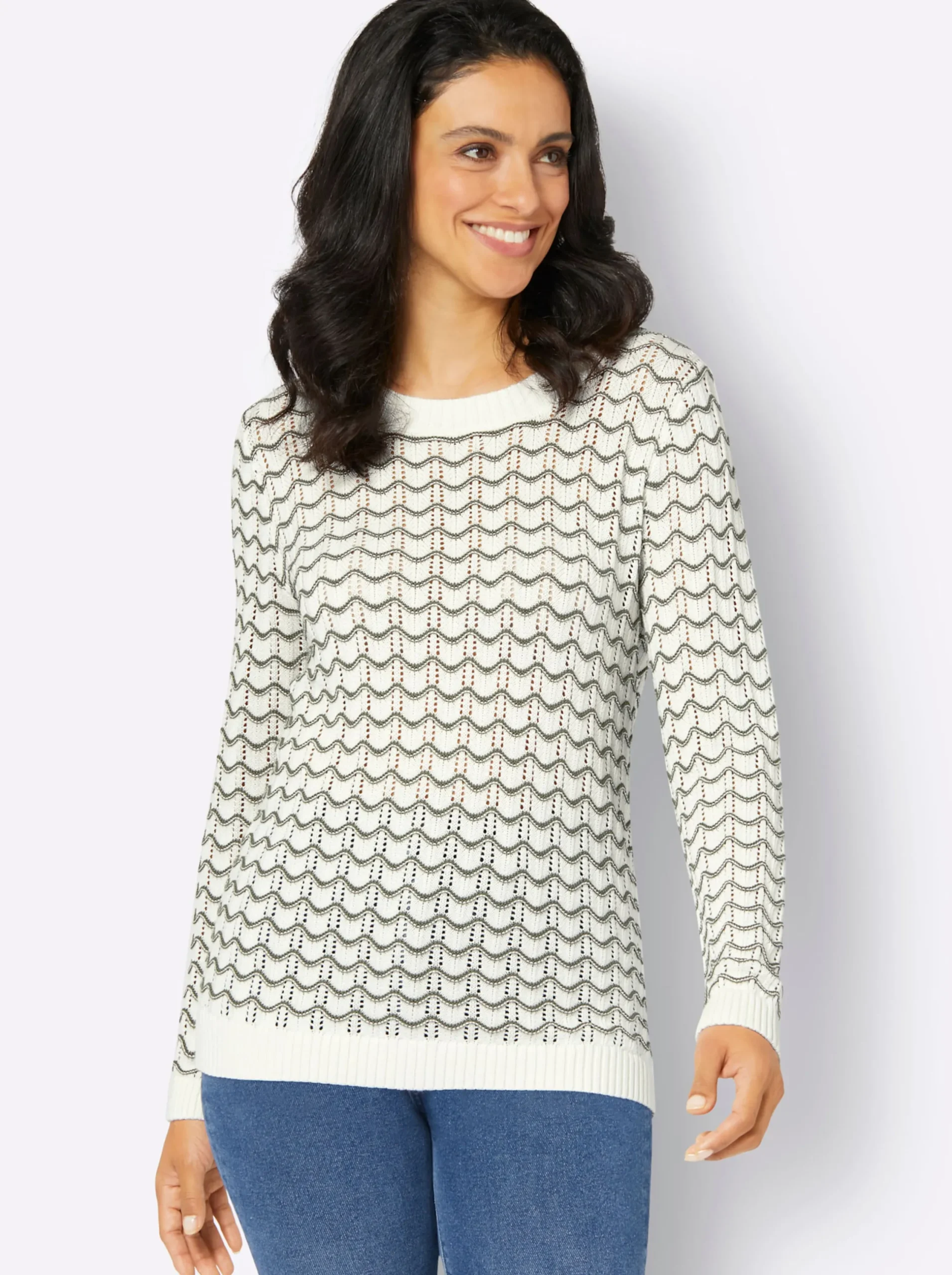 Pullover| Ajourpullover mit gerippten Bündchen ecru-khaki-bedruckt
