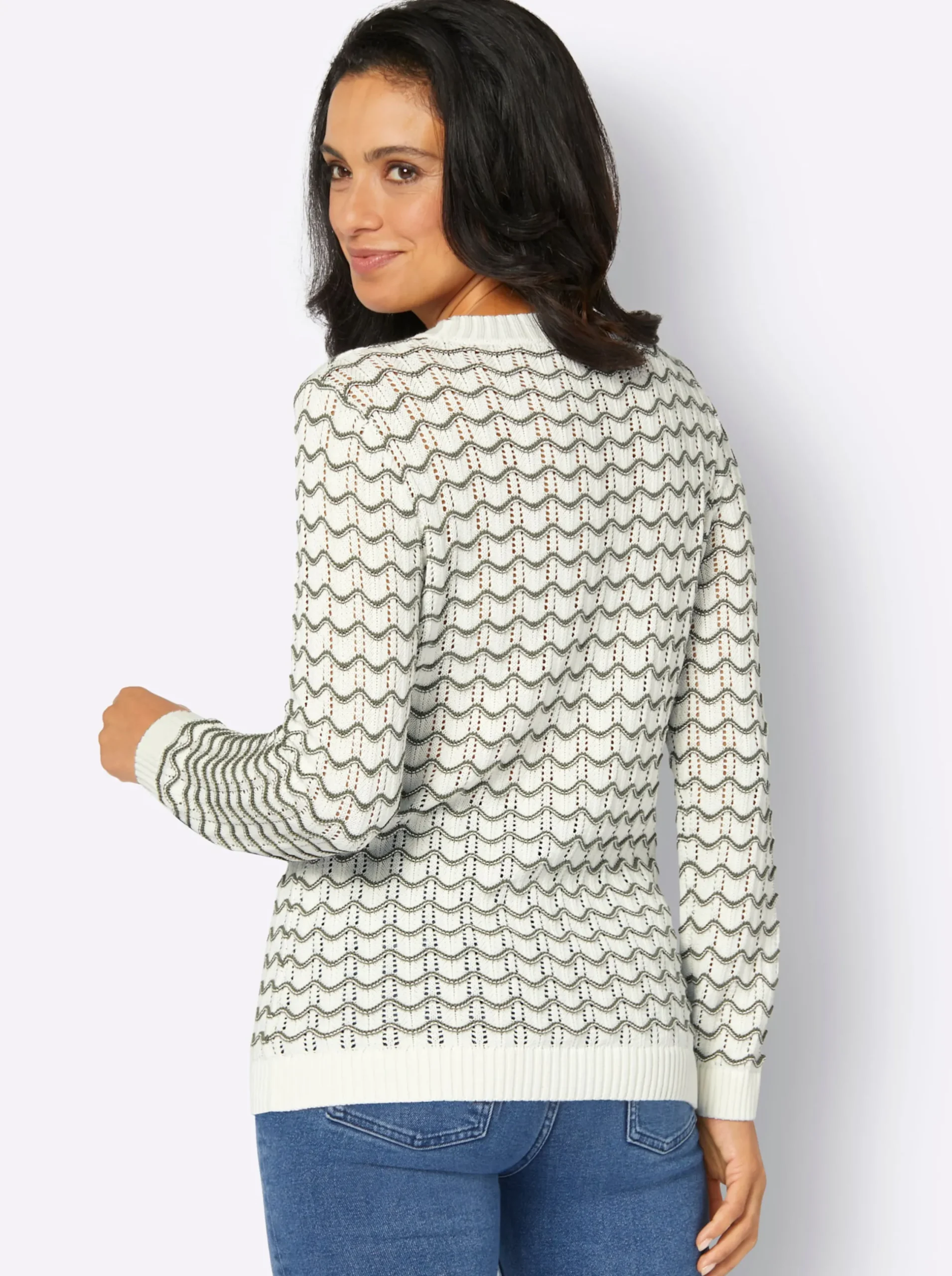 Pullover| Ajourpullover mit gerippten Bündchen ecru-khaki-bedruckt