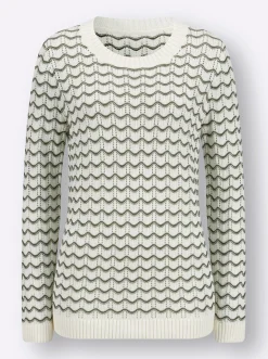 Pullover| Ajourpullover mit gerippten Bündchen ecru-khaki-bedruckt