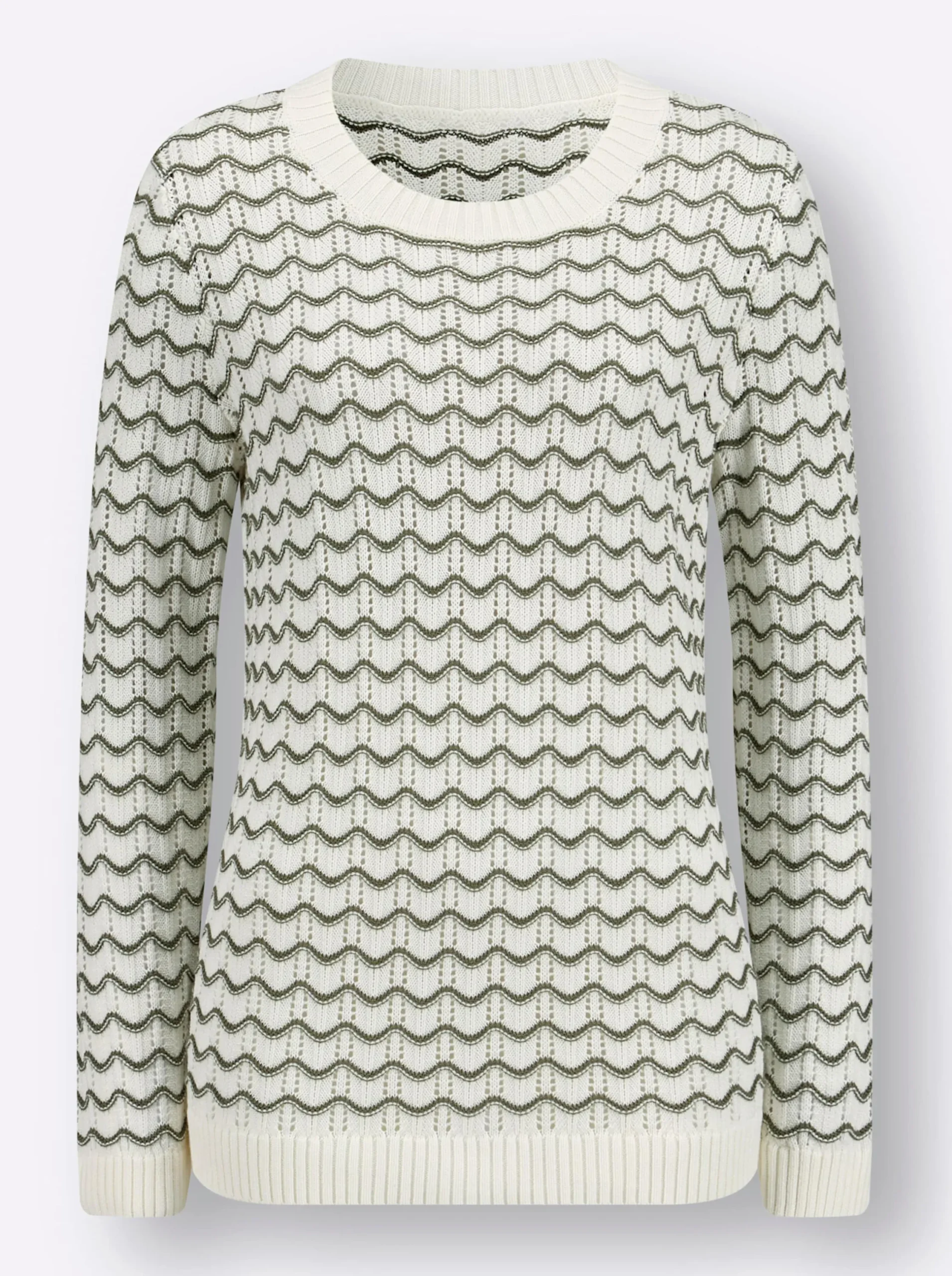 Pullover| Ajourpullover mit gerippten Bündchen ecru-khaki-bedruckt