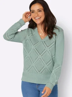 Pullover| Ajourpullover mit Kontrast-Ziernähten kalkmint