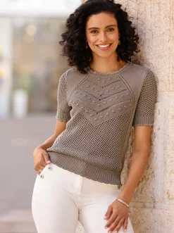 Pullover| Ajourpullover mit kurzen Ärmeln taupe
