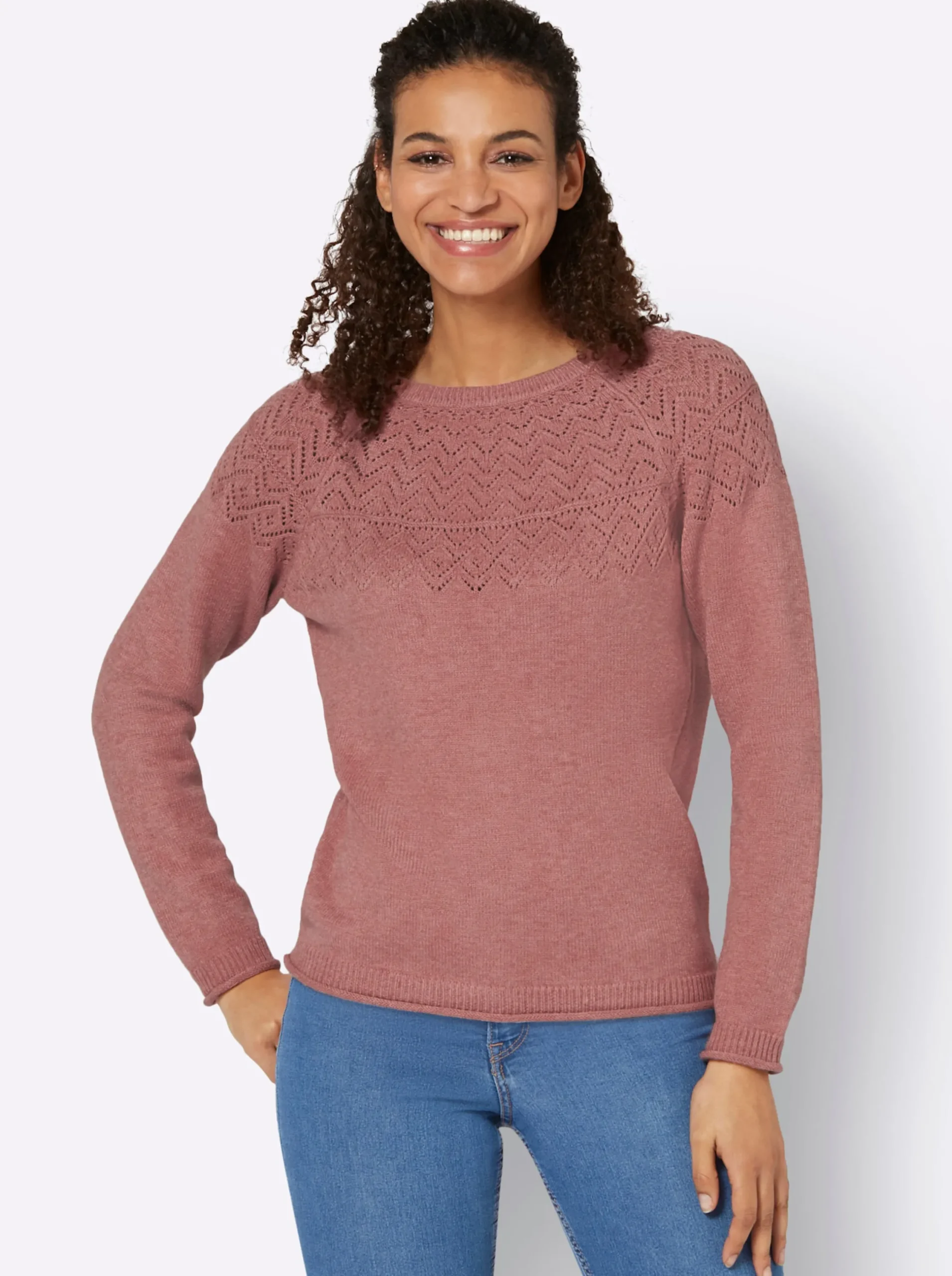 Pullover| Ajourpullover mit Raglan-Ärmeln rosenholz-meliert