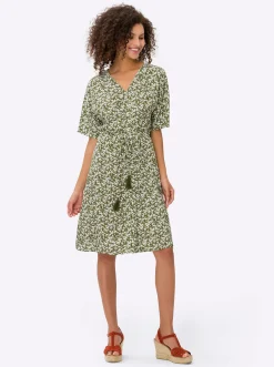 Strandkleider|heine A-Linien-Kleid oliv-ecru-bedruckt