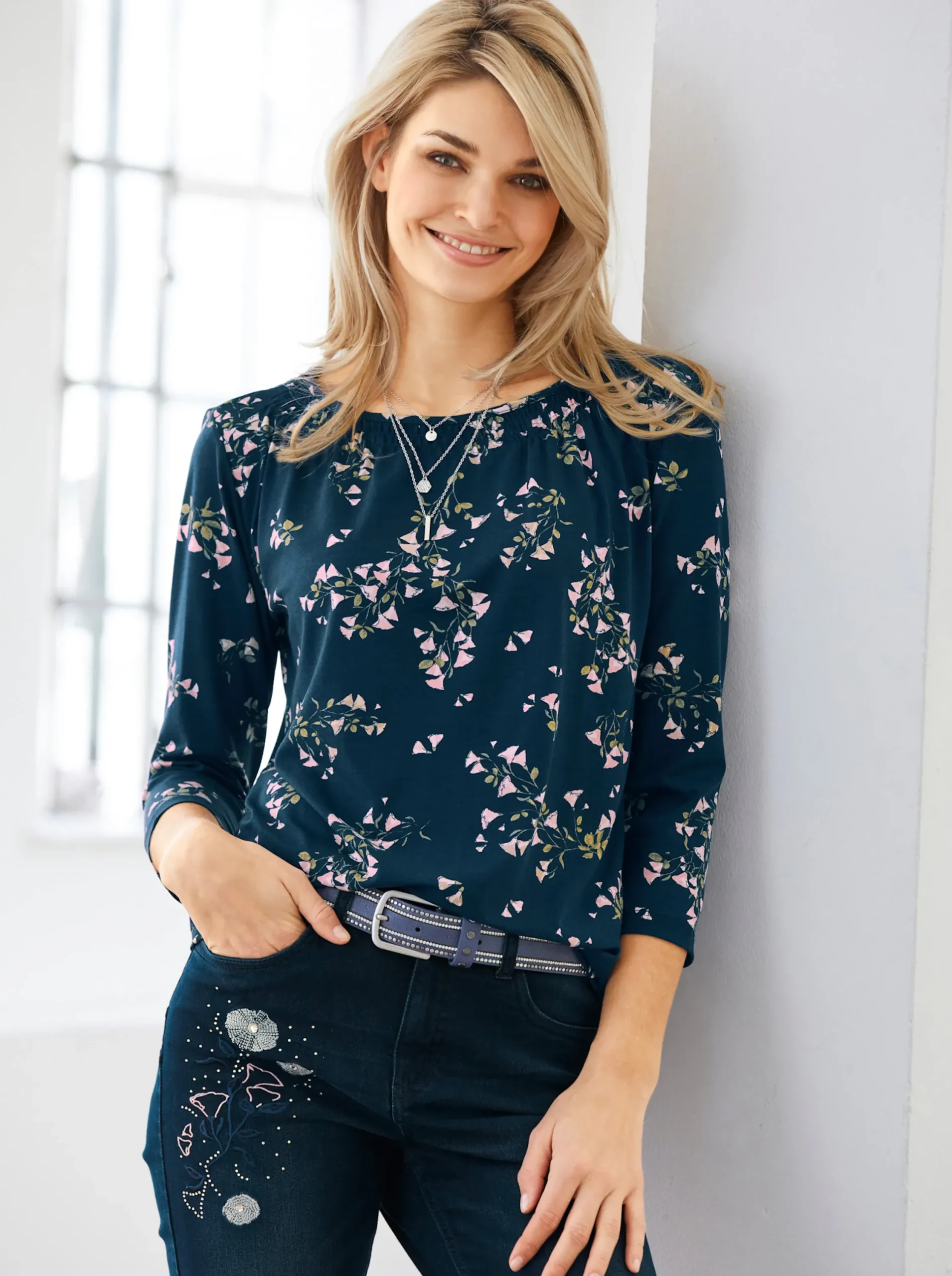 Shirts|heine 3/4-Arm-Shirt in Viskose-Qualität dunkelblau-puder-bedruckt