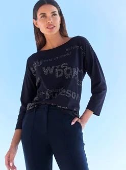 Shirts|heine 3/4-Arm-Shirt mit Glitzersteinchen-Schriftzug marine