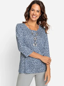 Shirts| 3/4-Arm-Shirt mit Minimal-Druck weiß-jeansblau-bedruckt