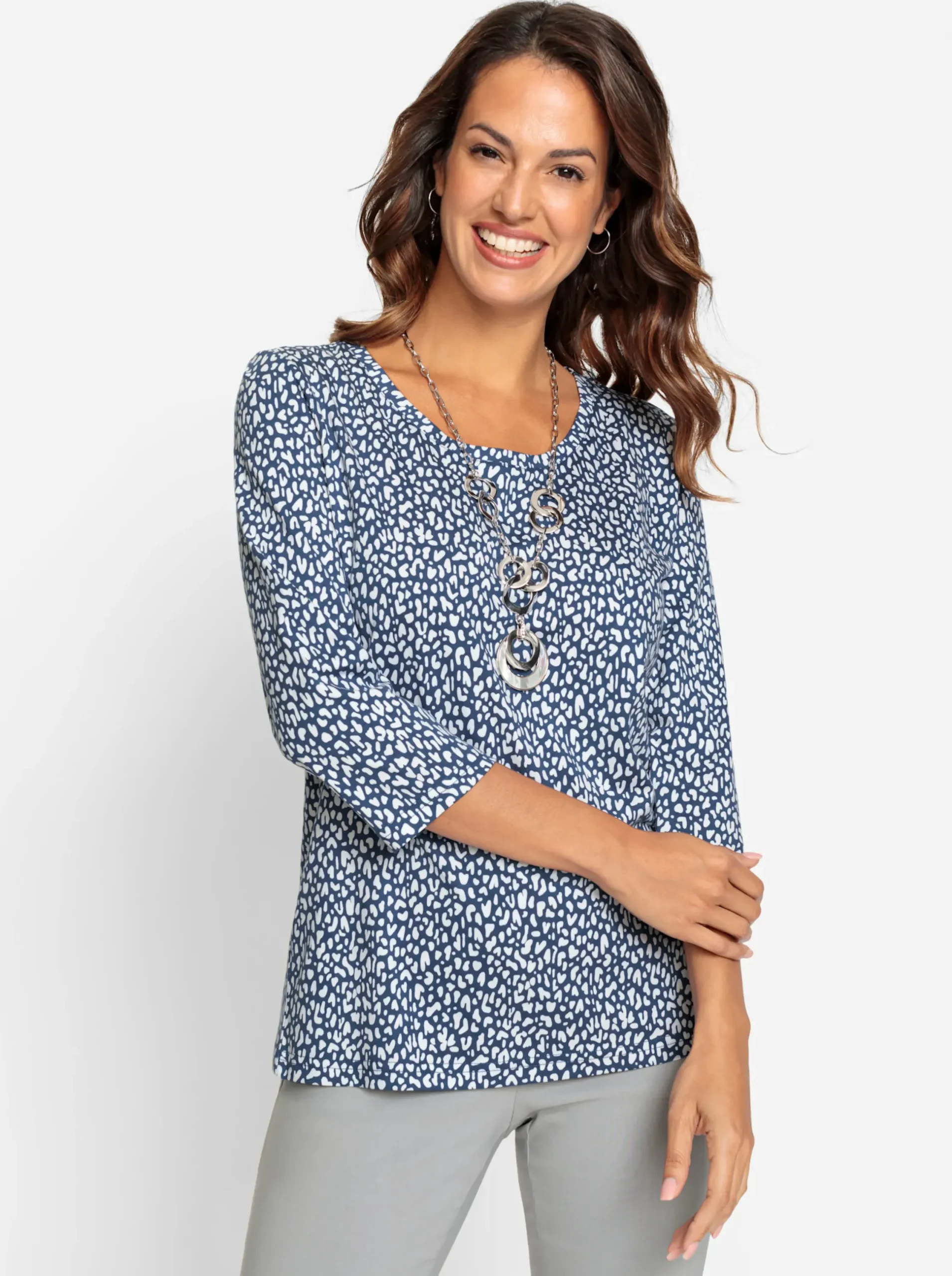 Shirts| 3/4-Arm-Shirt mit Minimal-Druck weiß-jeansblau-bedruckt