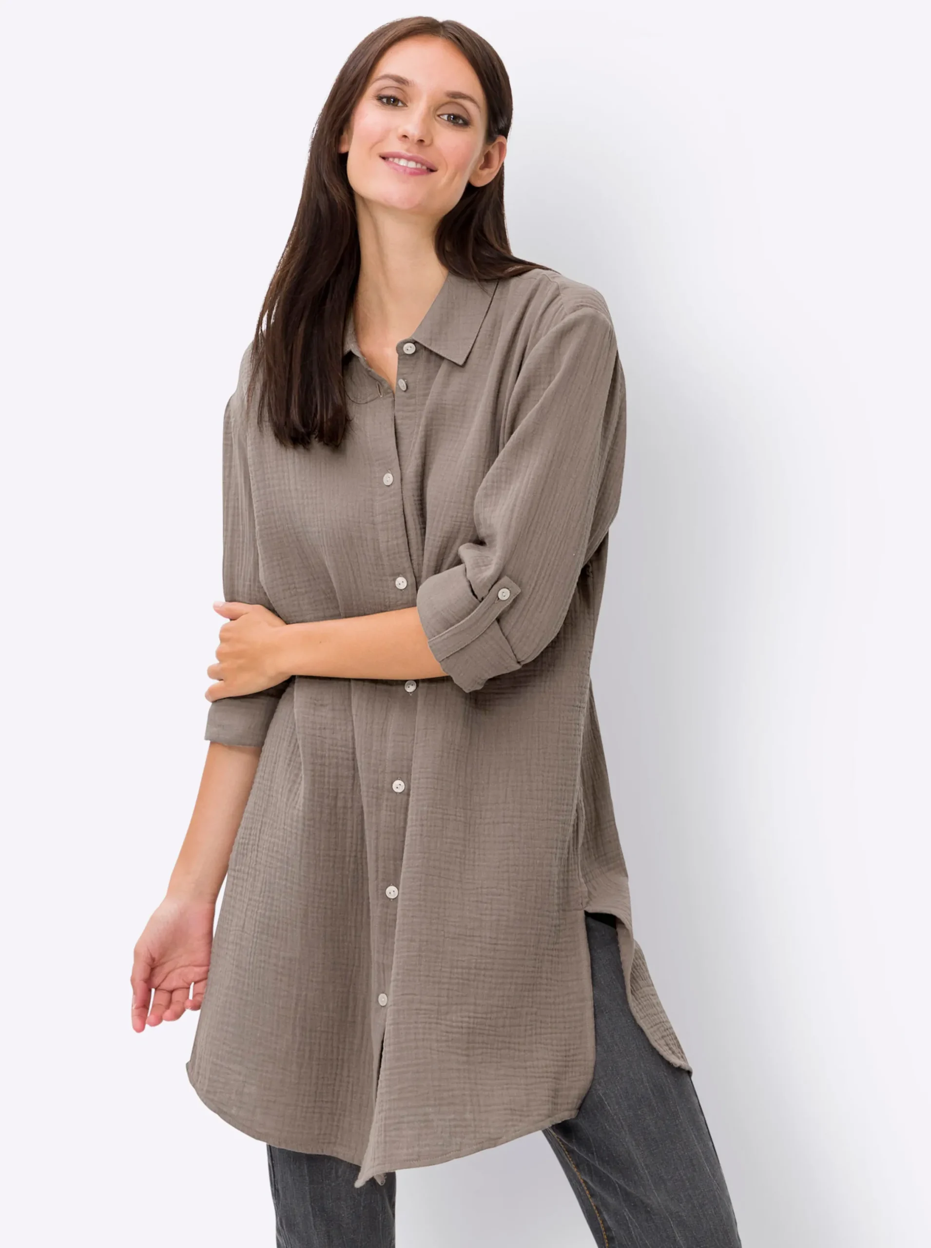 Blusen|heine Baumwollbluse in Musselin-Qualität taupe