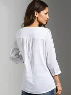 Blusen| Baumwollbluse mit Biesen und Spitzen-Details weiß