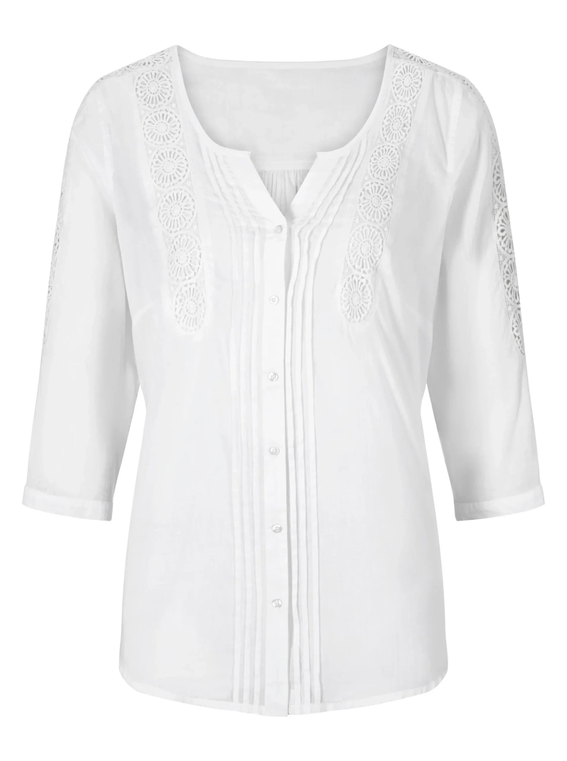 Blusen| Baumwollbluse mit Biesen und Spitzen-Details weiß