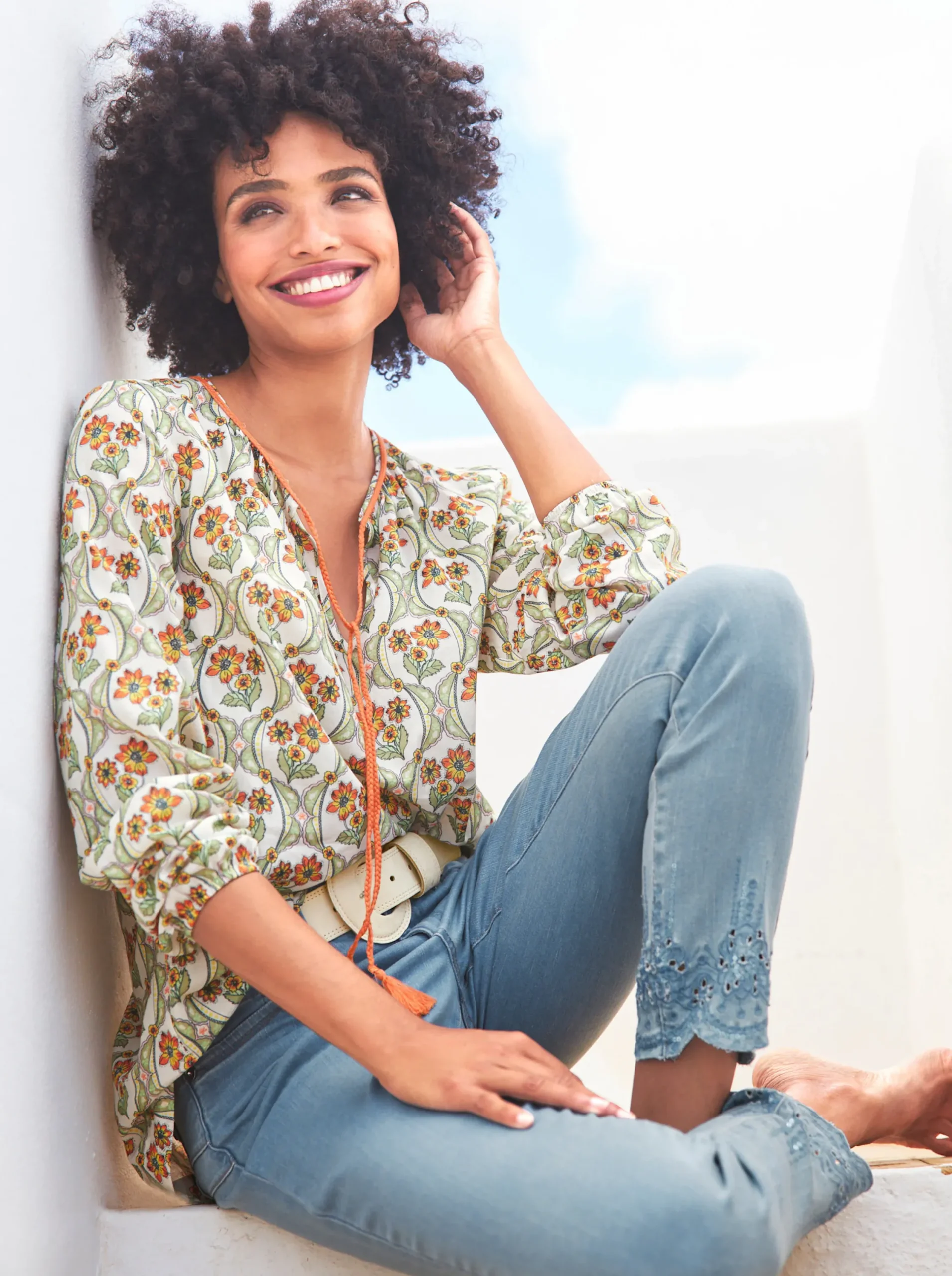Blusen|heine Baumwollbluse mit geflochtenen Bändern champagner-orange-bedruckt