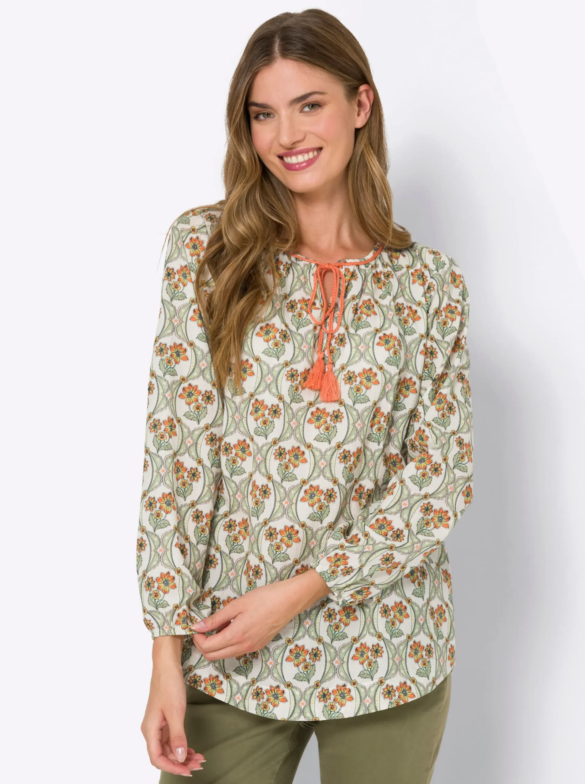 Blusen|heine Baumwollbluse mit geflochtenen Bändern champagner-orange-bedruckt
