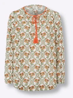 Blusen|heine Baumwollbluse mit geflochtenen Bändern champagner-orange-bedruckt