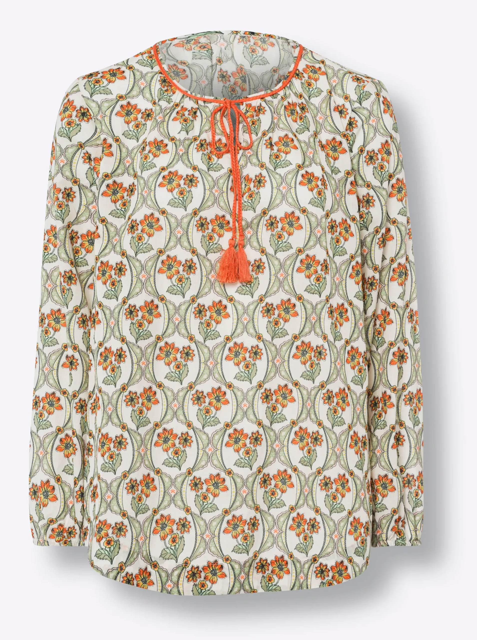 Blusen|heine Baumwollbluse mit geflochtenen Bändern champagner-orange-bedruckt