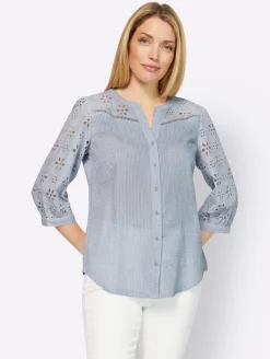 Blusen|heine Baumwollbluse mit Lochstickerei hellblau