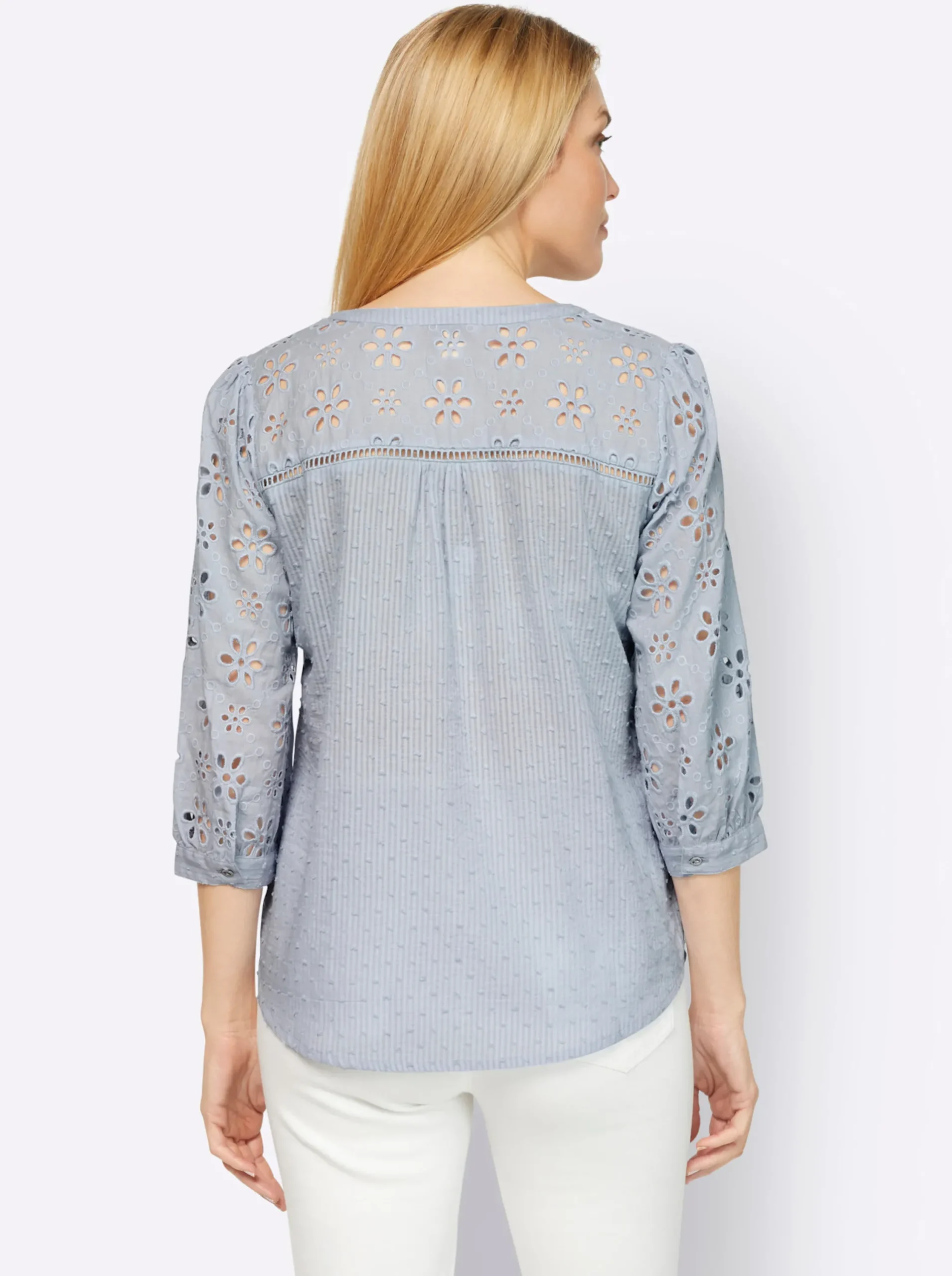 Blusen|heine Baumwollbluse mit Lochstickerei hellblau