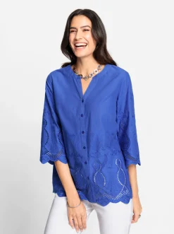 Blusen| Baumwollbluse mit 3/4-Ärmeln royalblau