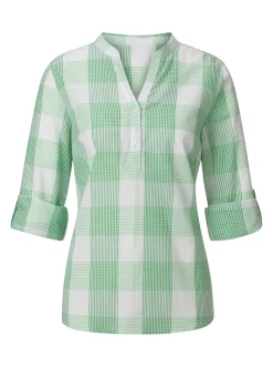 Blusen|Shirts| Baumwollbluse mit Stehkragen, kariert grün-weiß-kariert