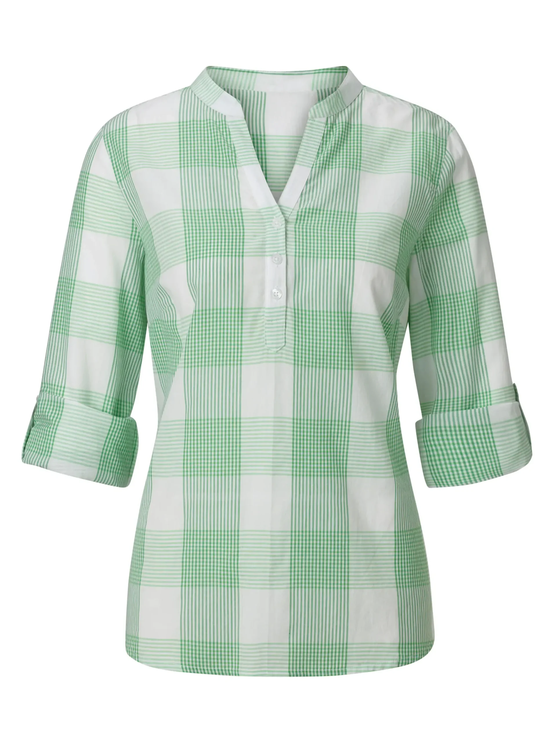 Blusen|Shirts| Baumwollbluse mit Stehkragen, kariert grün-weiß-kariert
