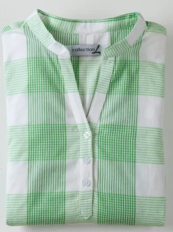 Blusen|Shirts| Baumwollbluse mit Stehkragen, kariert grün-weiß-kariert