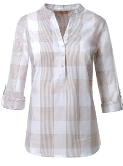 Blusen|Shirts| Baumwollbluse mit Stehkragen, kariert taupe-weiß-kariert