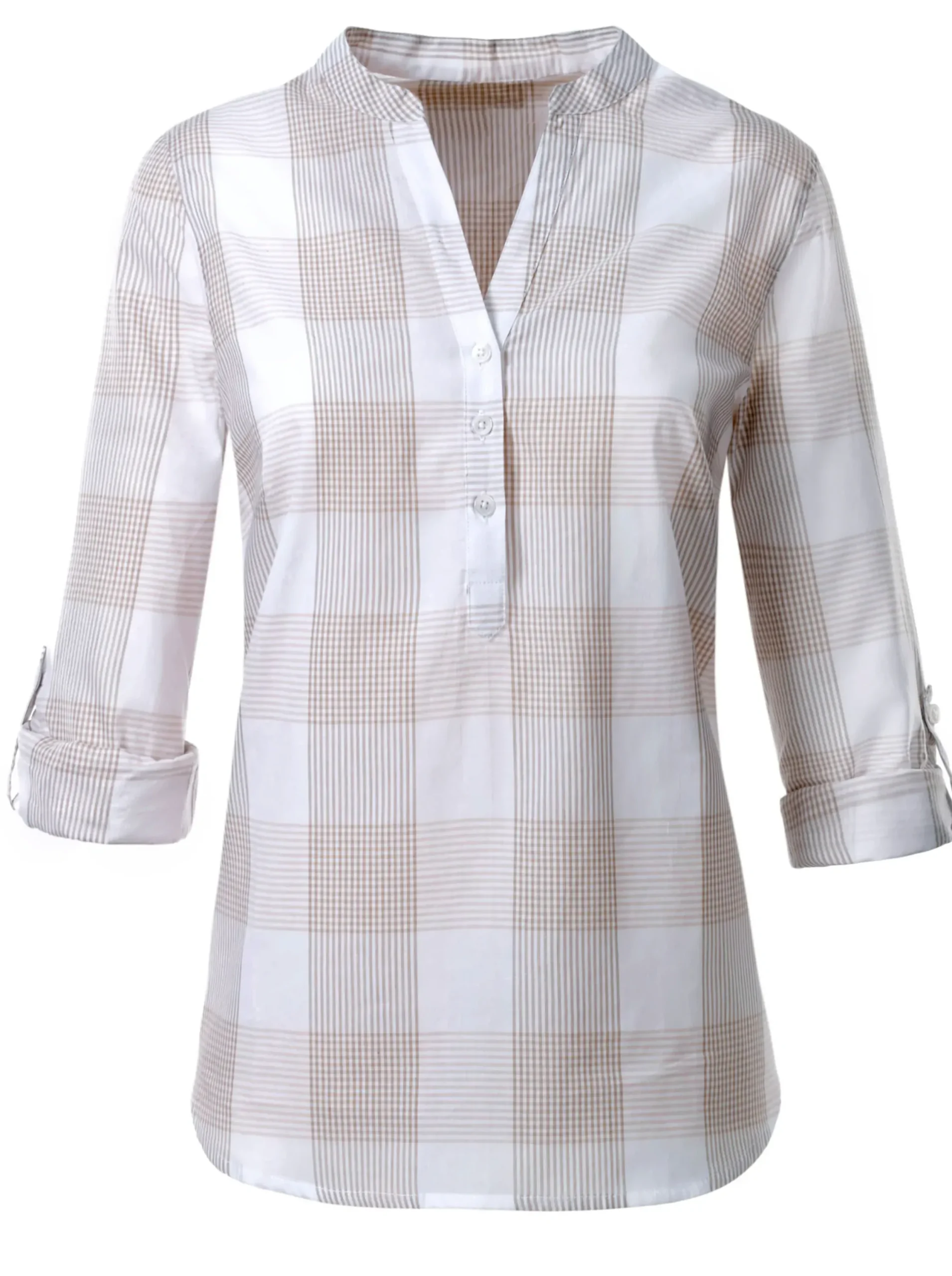 Blusen|Shirts| Baumwollbluse mit Stehkragen, kariert taupe-weiß-kariert