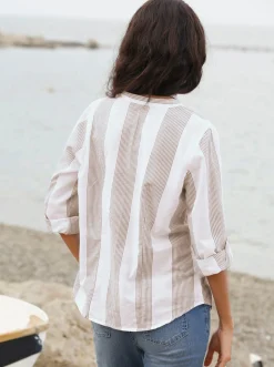 Blusen|Shirts| Baumwollbluse mit Stehkragen, kariert taupe-weiß-kariert