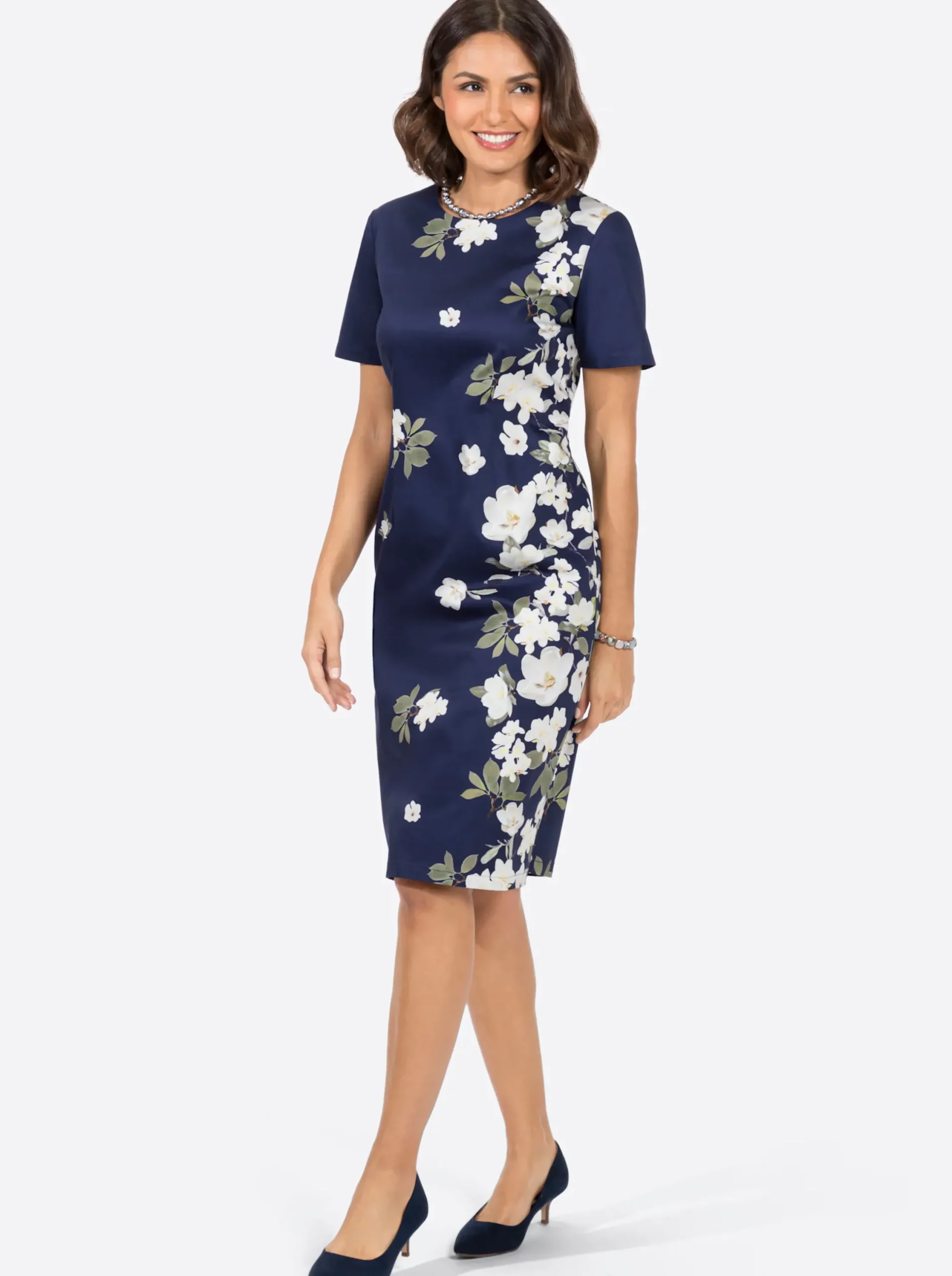 Abendkleider|Kleider| Blumenkleid in Baumwoll-Qualität marine-ecru-bedruckt
