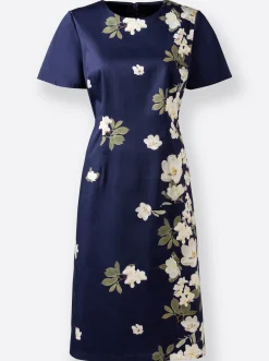 Abendkleider|Kleider| Blumenkleid in Baumwoll-Qualität marine-ecru-bedruckt