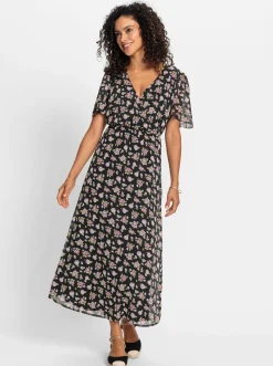 Kleider| Blumenkleid in Georgette-Qualität schwarz-weiß-gemustert