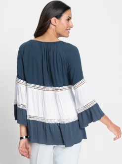 Blusen| Bluse dunkelblau-ecru-gemustert