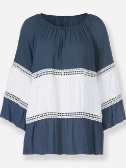 Blusen| Bluse dunkelblau-ecru-gemustert
